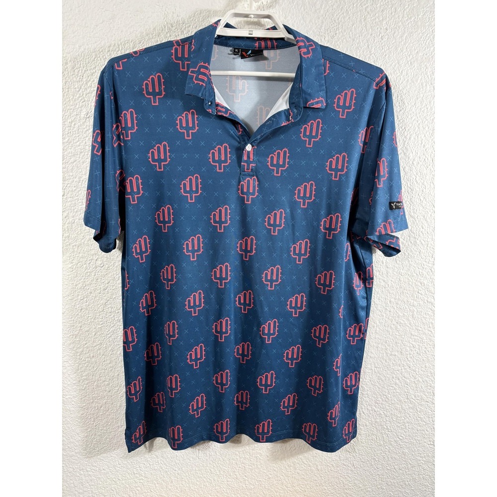 Yatta Golf Polo Shirt Mens XL Teal Blue Cactus Print Golf Performance Stretch